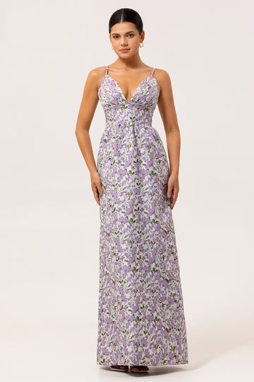Purple Floral A Line Printed Spaghetti Straps Wedding Guest Dress